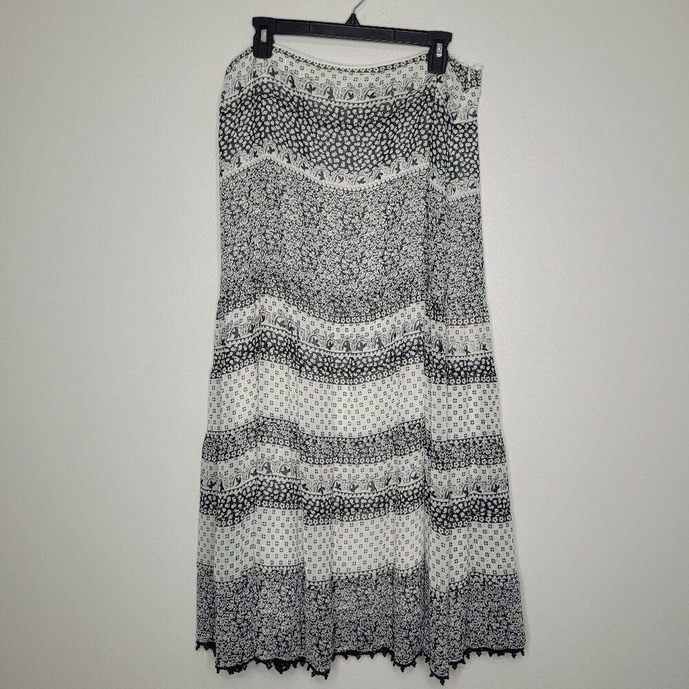 Vintage y2k apostrophe black white boho maxi beaded trim mixed print skirt 14